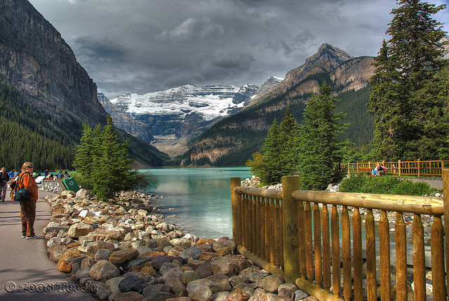 by T J  on Flickr.Summer walk on the shores of Lake Louise in Banff National Park, Canada.