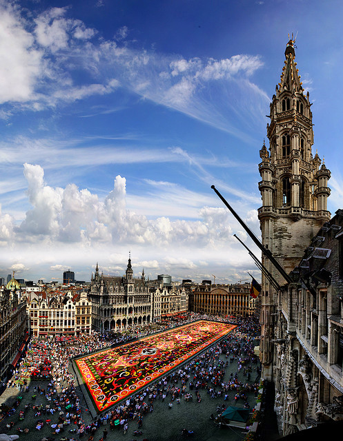 Shadow of the city hall on the carpet flower, Grand Place, Brussels, Belgium