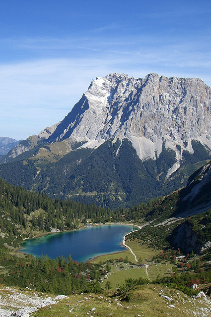 Zugspitze range high above the Seebensee lake, Bavaria, Germany