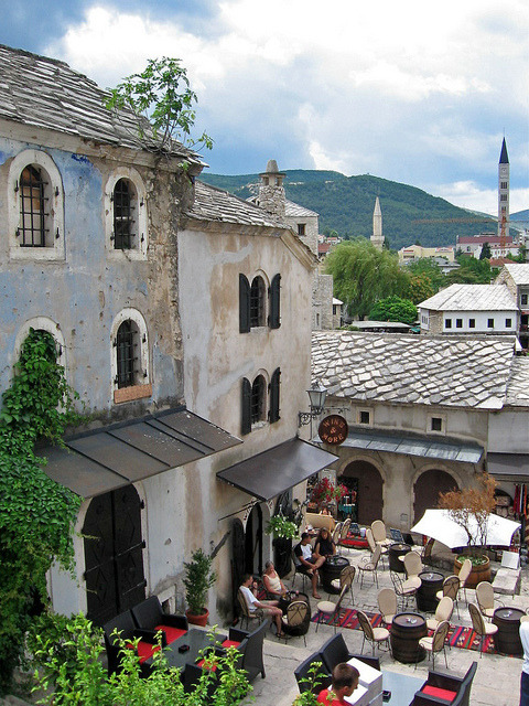 Terrace with cafes in Mostar, Bosnia and Herzegovina