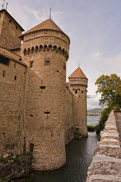 Chateau de Chillon towers on the shores of Lake Geneve, Switzerland
