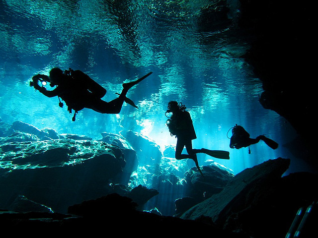 Divers exploring Garden of Eden Cenote, Mayan Riviera, Mexico