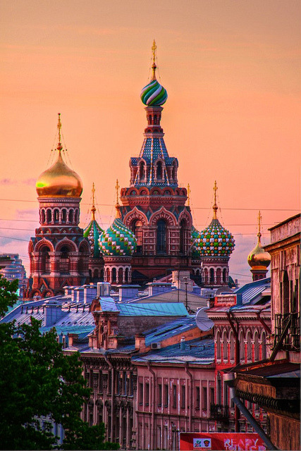 Sunset view of Church of Our Savior on The Spilled Blood in Saint Petersburg, Russia