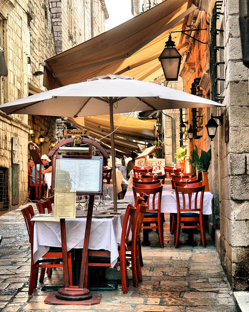 Streetside restaurant in the old town of Dubrovnik, Croatia