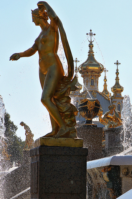 Golden statues of Peterhof Palace in Saint Petersburg, Russia