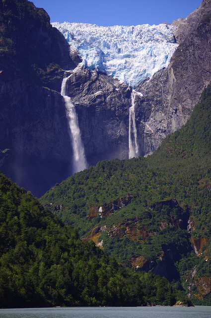 Waterfalls from the Hanging Glacier in Queulat / Chile